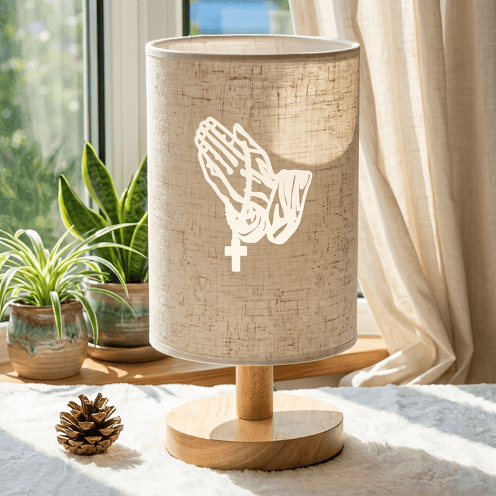 Christianartworkshop Natural Wood Base Fabric Lampshade Praying Hands With Cross Pattern Table Lamp: A Carrier of Quiet Nighttime Devotional Peace - image 3