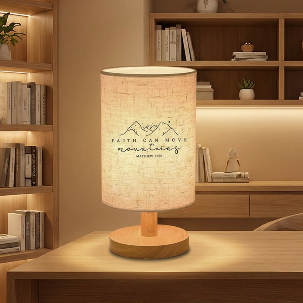 Christianartworkshop Natural Wood Base Fabric Lampshade Faith Can Move Mountains Mountain Line Art Scripture Table Lamp: A Carrier of Inspiring Hopeful Nighttime Peace - image 1