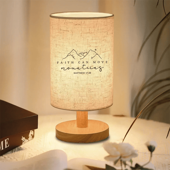 Christianartworkshop Natural Wood Base Fabric Lampshade Faith Can Move Mountains Mountain Line Art Scripture Table Lamp: A Carrier of Inspiring Hopeful Nighttime Peace - Matthew 17:20 - image 0