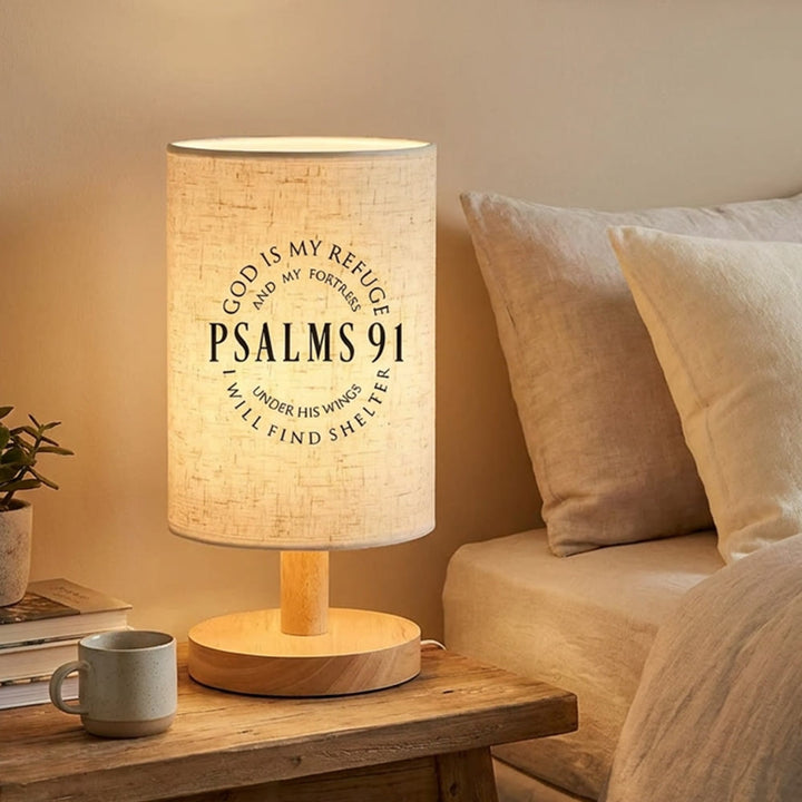 Christianartworkshop Natural Wood Base Fabric Lampshade Psalms 91 God Is My Refuge Circular Scripture Table Lamp: A Carrier of Safe Warm Nighttime Shelter Peace - image 1