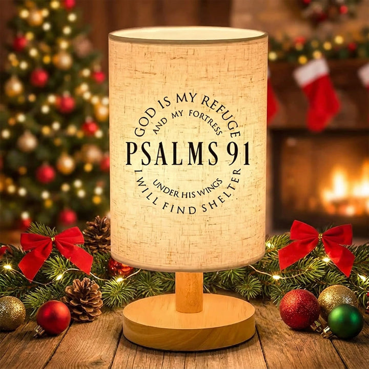 Christianartworkshop Natural Wood Base Fabric Lampshade Psalms 91 God Is My Refuge Circular Scripture Table Lamp: A Carrier of Safe Warm Nighttime Shelter Peace - image 2