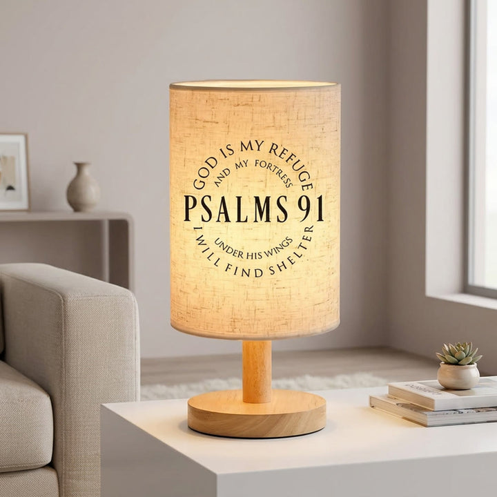 Christianartworkshop Natural Wood Base Fabric Lampshade Psalms 91 God Is My Refuge Circular Scripture Table Lamp: A Carrier of Safe Warm Nighttime Shelter Peace - image 3