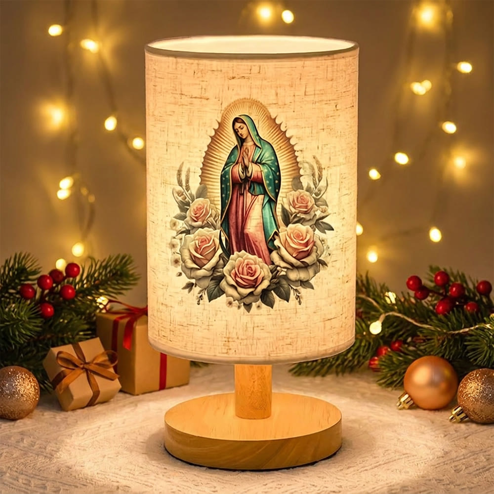Christianartworkshop Natural Wood Base Fabric Lampshade Our Lady of Guadalupe Surrounded by Roses Portrait Table Lamp: A Carrier of Gentle Nighttime Guardian Blessings - image 3