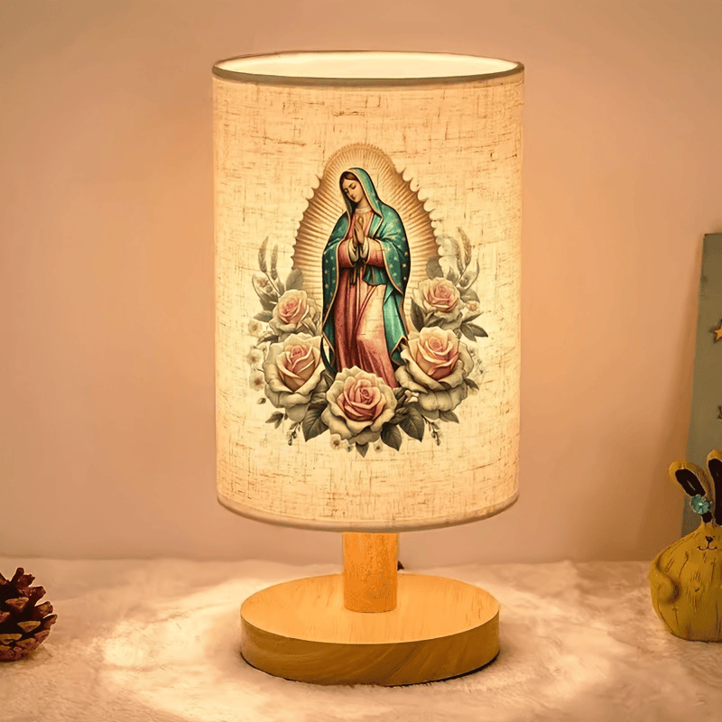 Christianartworkshop Natural Wood Base Fabric Lampshade Our Lady of Guadalupe Surrounded by Roses Portrait Table Lamp: A Carrier of Gentle Nighttime Guardian Blessings - Our Lady of Guadalupe - image 0