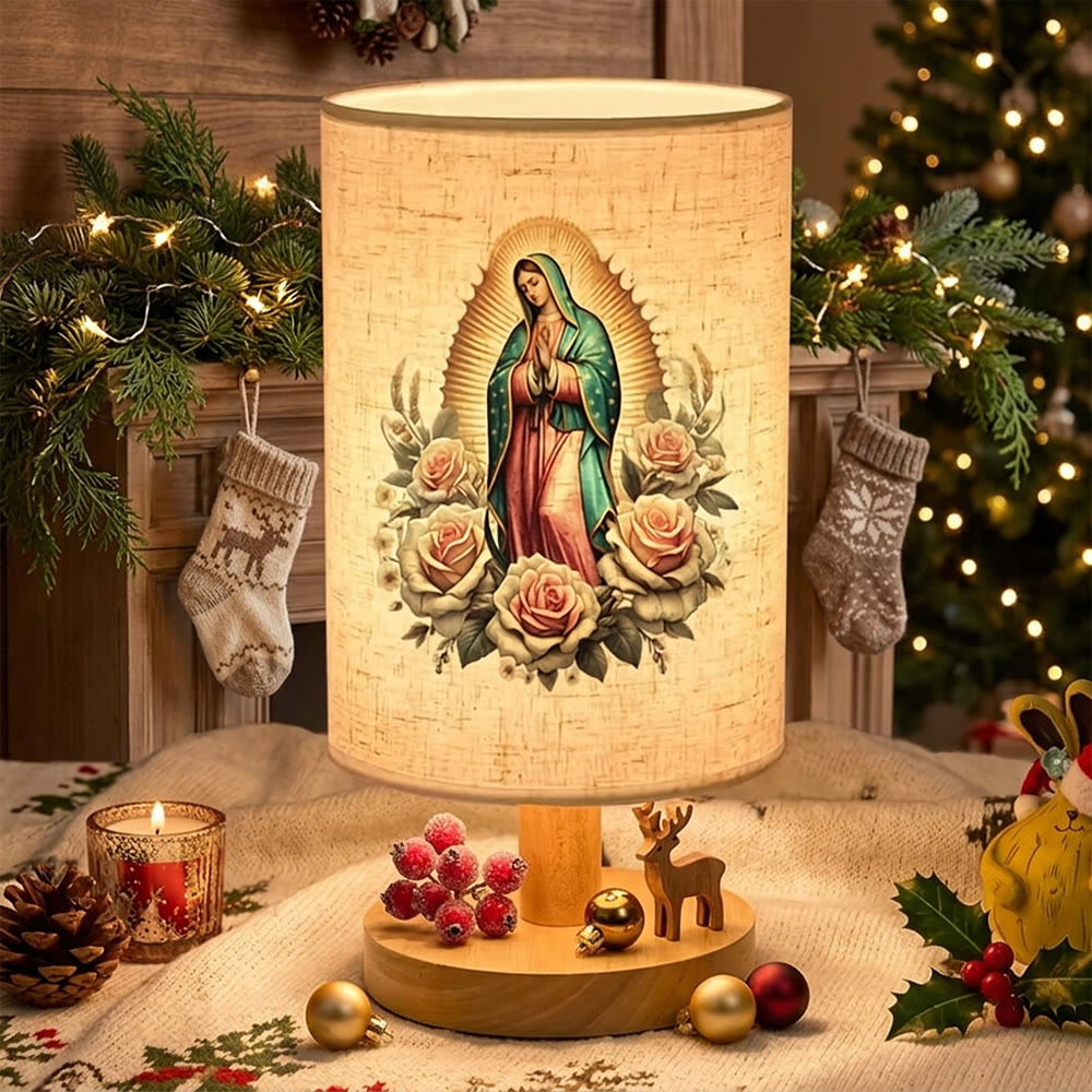 Christianartworkshop Natural Wood Base Fabric Lampshade Our Lady of Guadalupe Surrounded by Roses Portrait Table Lamp: A Carrier of Gentle Nighttime Guardian Blessings - image 5
