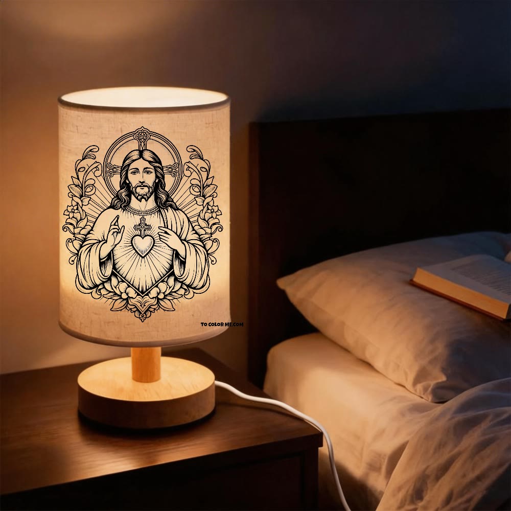 Christianartworkshop Bedside Sacred Heart Icon Table Lamp Vintage Floral Frame Portrait Soft Warm Devotional Night Light - Sacred Heart & Jesus - image 0