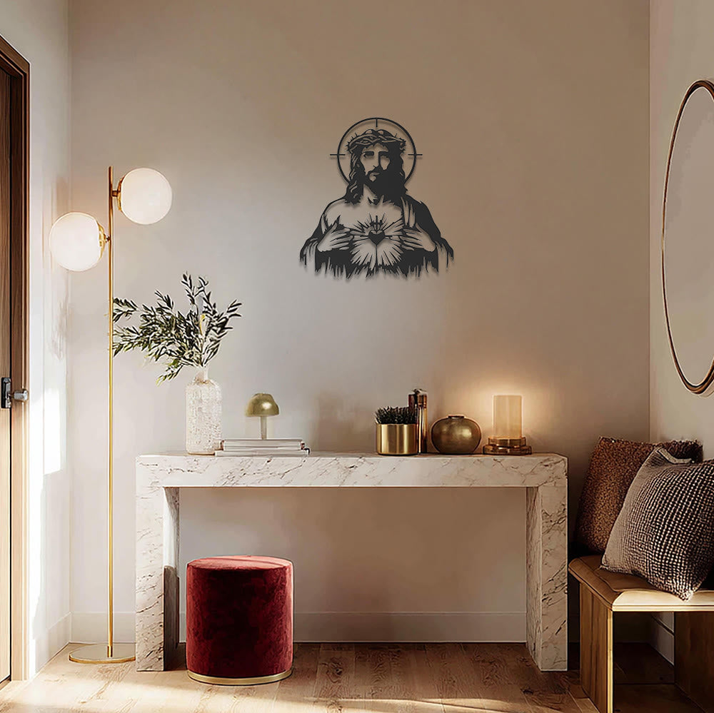 Christianartworkshop Sacred Heart Jesus Crown of Thorns Halo Silhouette Metal Wall Decor: Timeless Emblem of Boundless Divine Compassion - image 1