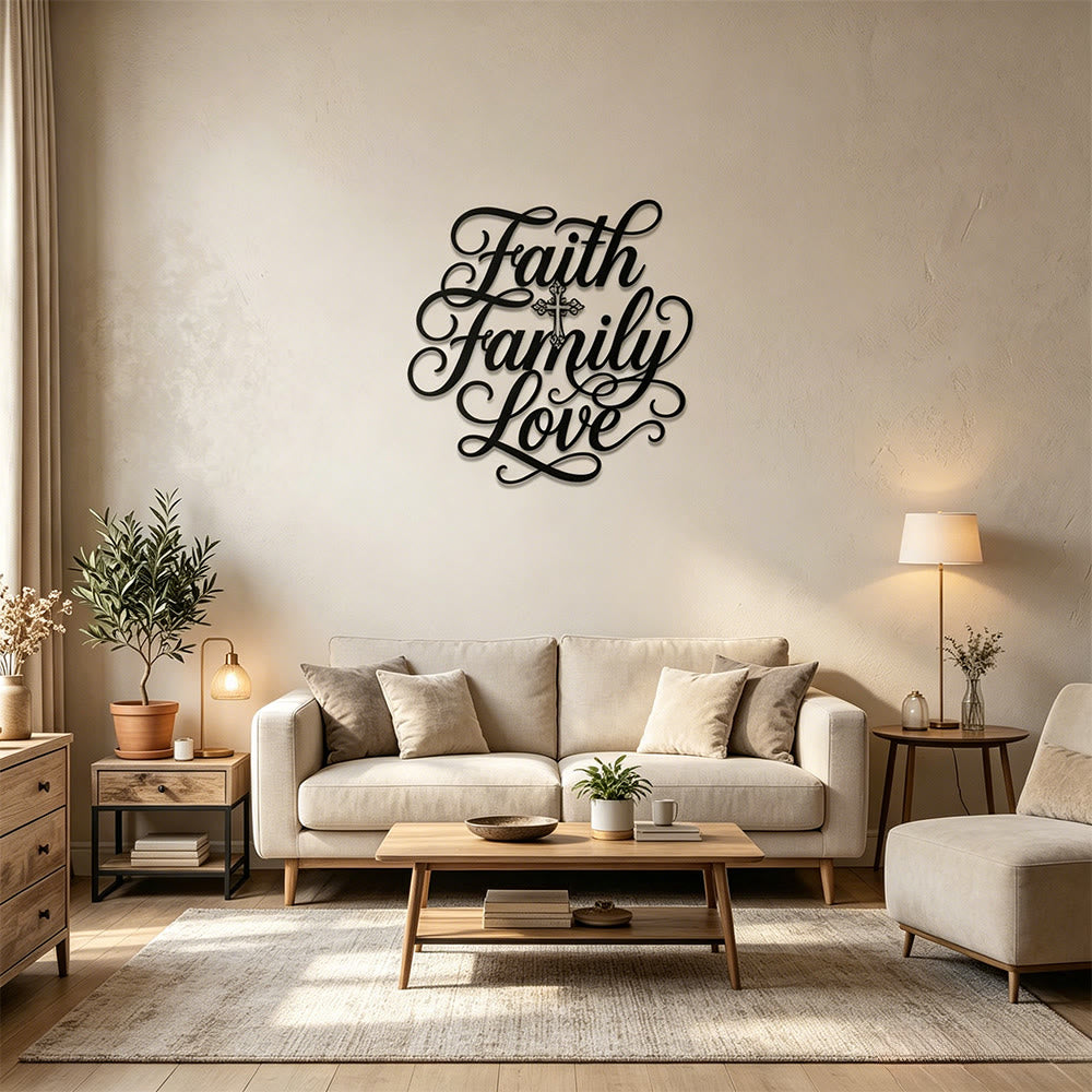 Christianartworkshop Faith Family Love Script Cross Accent Metal Wall Decor: Timeless Emblem of Sacred Household Blessing - image 1