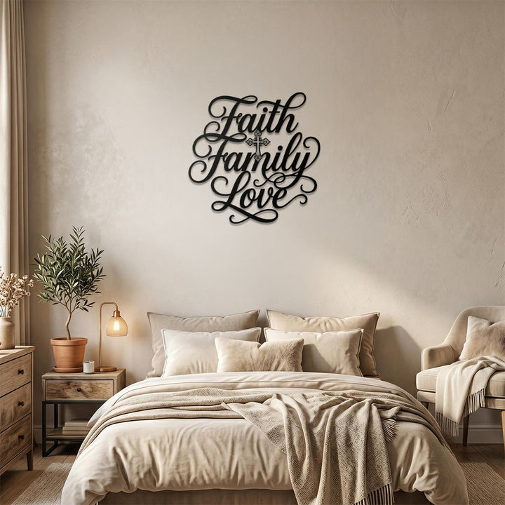Christianartworkshop Faith Family Love Script Cross Accent Metal Wall Decor: Timeless Emblem of Sacred Household Blessing - image 0
