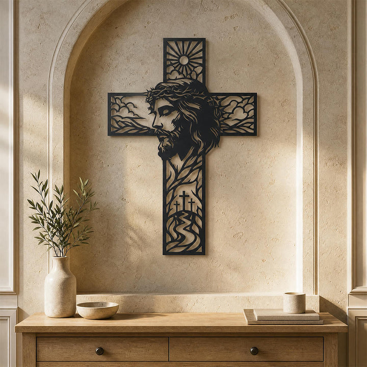 Christianartworkshop Sun & Hill Landscape Jesus Profile Cross Metal Wall Decor: Timeless Emblem of Heavenly Grace and Eternal Hope - image 0