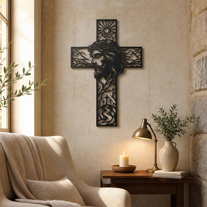 Christianartworkshop Sun & Hill Landscape Jesus Profile Cross Metal Wall Decor: Timeless Emblem of Heavenly Grace and Eternal Hope - image 4