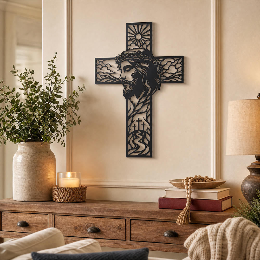 Christianartworkshop Sun & Hill Landscape Jesus Profile Cross Metal Wall Decor: Timeless Emblem of Heavenly Grace and Eternal Hope - image 2
