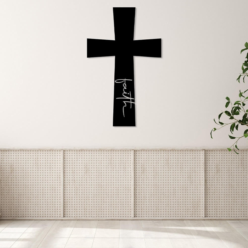 Christianartworkshop Minimal Solid Cross With Vertical Faith Cursive Metal Wall Decor: Timeless Emblem of Steadfast Spiritual Conviction - image 2