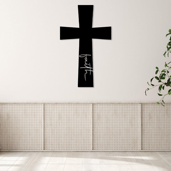 Christianartworkshop Minimal Solid Cross With Vertical Faith Cursive Metal Wall Decor: Timeless Emblem of Steadfast Spiritual Conviction - image 2
