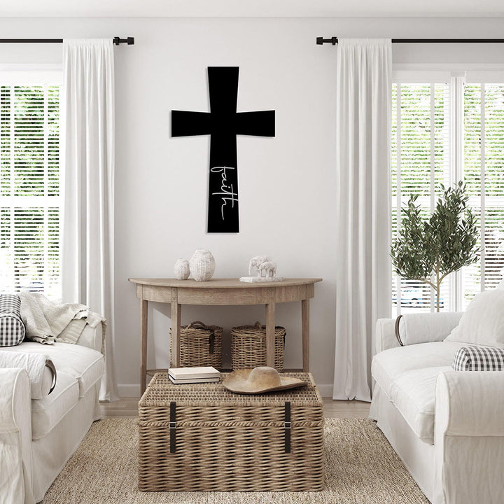 Christianartworkshop Minimal Solid Cross With Vertical Faith Cursive Metal Wall Decor: Timeless Emblem of Steadfast Spiritual Conviction - image 4
