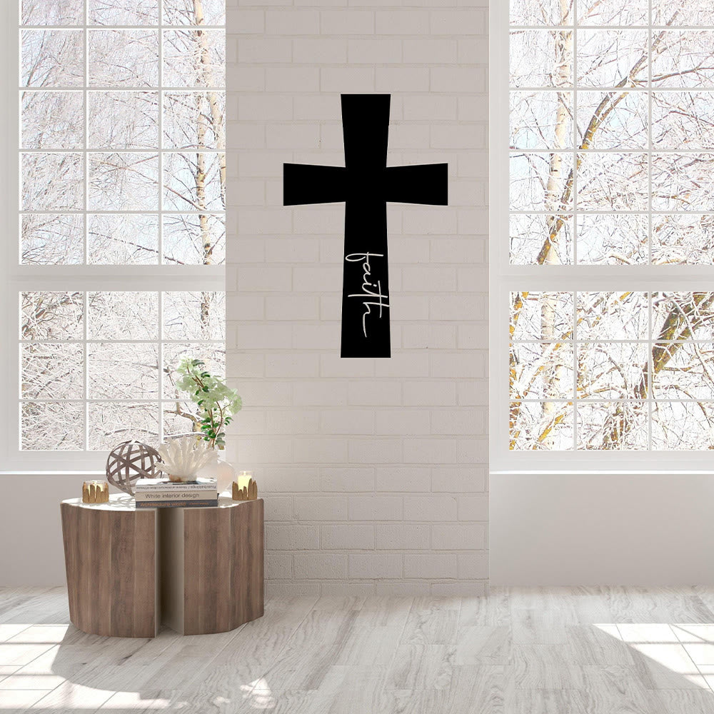 Christianartworkshop Minimal Solid Cross With Vertical Faith Cursive Metal Wall Decor: Timeless Emblem of Steadfast Spiritual Conviction - image 3