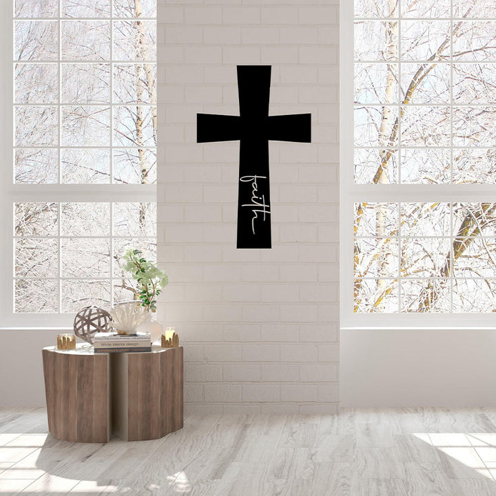 Christianartworkshop Minimal Solid Cross With Vertical Faith Cursive Metal Wall Decor: Timeless Emblem of Steadfast Spiritual Conviction - image 3