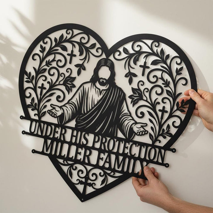 Christianartworkshop Floral Vine Heart Open-Arm Jesus Cross Metal Wall Decor: Timeless Emblem of Sacred Family Shelter - image 0