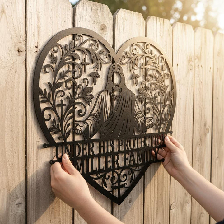 Christianartworkshop Floral Vine Heart Open-Arm Jesus Cross Metal Wall Decor: Timeless Emblem of Sacred Family Shelter - image 9