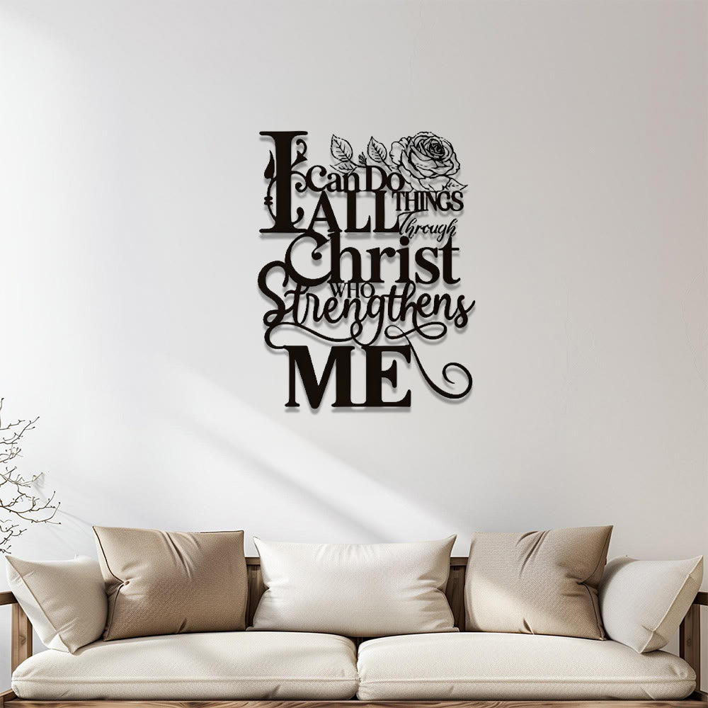 Christianartworkshop Rose Floral Philippians 4:13 Verse Script Metal Wall Decor: Timeless Emblem of Inner Spiritual Strength - 10.91''*11.81''*0.04''/30cm*40cm*0.1cm - image 0
