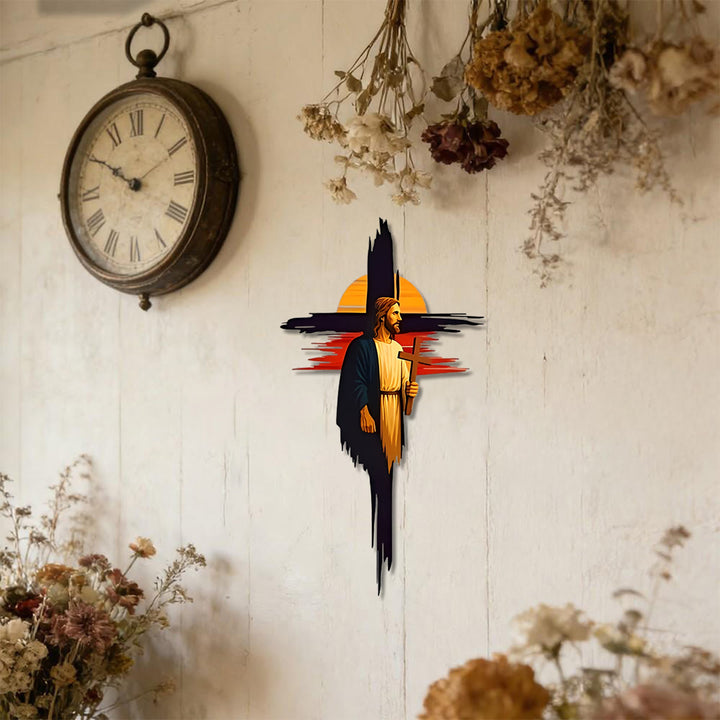 Christianartworkshop Brushstroke Cross Jesus Sunset Landscape Metal Wall Decor: Timeless Emblem of Sacred Redemptive Grace - image 0