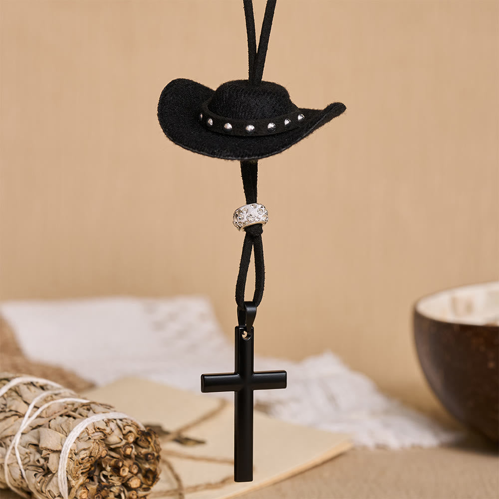Christianartworkshop Western Style Plush Cowboy Hat Simple Black Cross Car Pendant: A Reminder of Steadfast Spiritual Peace on Every Drive - image 1