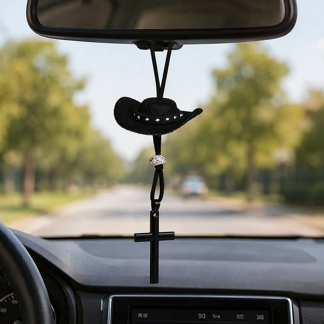 Christianartworkshop Western Style Plush Cowboy Hat Simple Black Cross Car Pendant: A Reminder of Steadfast Spiritual Peace on Every Drive - Cross - image 0