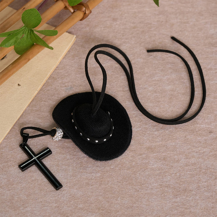 Christianartworkshop Western Style Plush Cowboy Hat Simple Black Cross Car Pendant: A Reminder of Steadfast Spiritual Peace on Every Drive - image 4