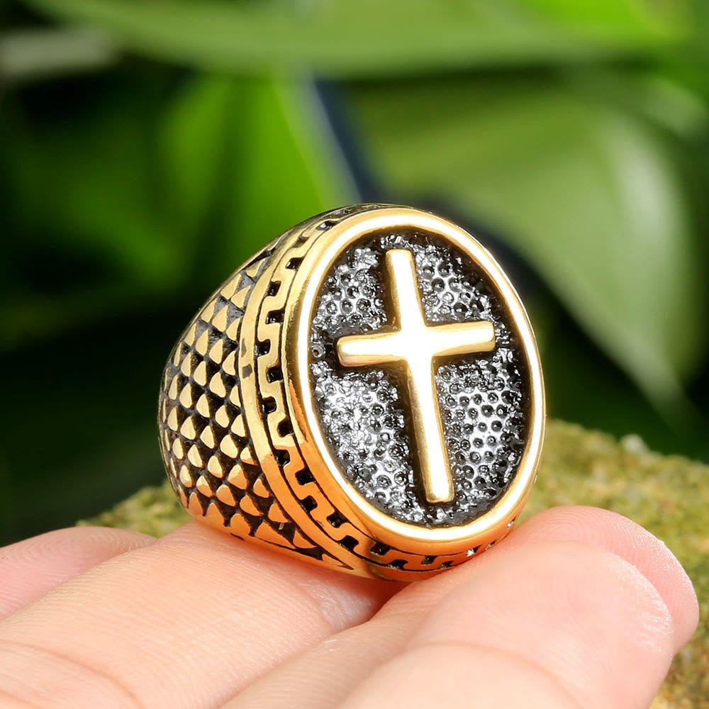 Christianartworkshop Oval Plaque Raised Cross Textured Side Signet Ring: Timeless Emblem of Unshakable Sacred Faith - image 4