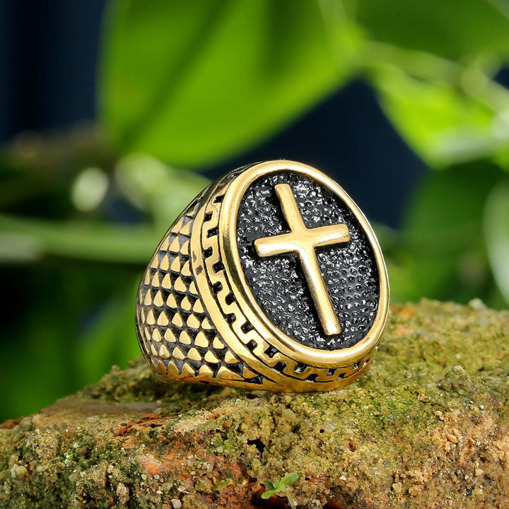 Christianartworkshop Oval Plaque Raised Cross Textured Side Signet Ring: Timeless Emblem of Unshakable Sacred Faith - Black - US 13 - image 0