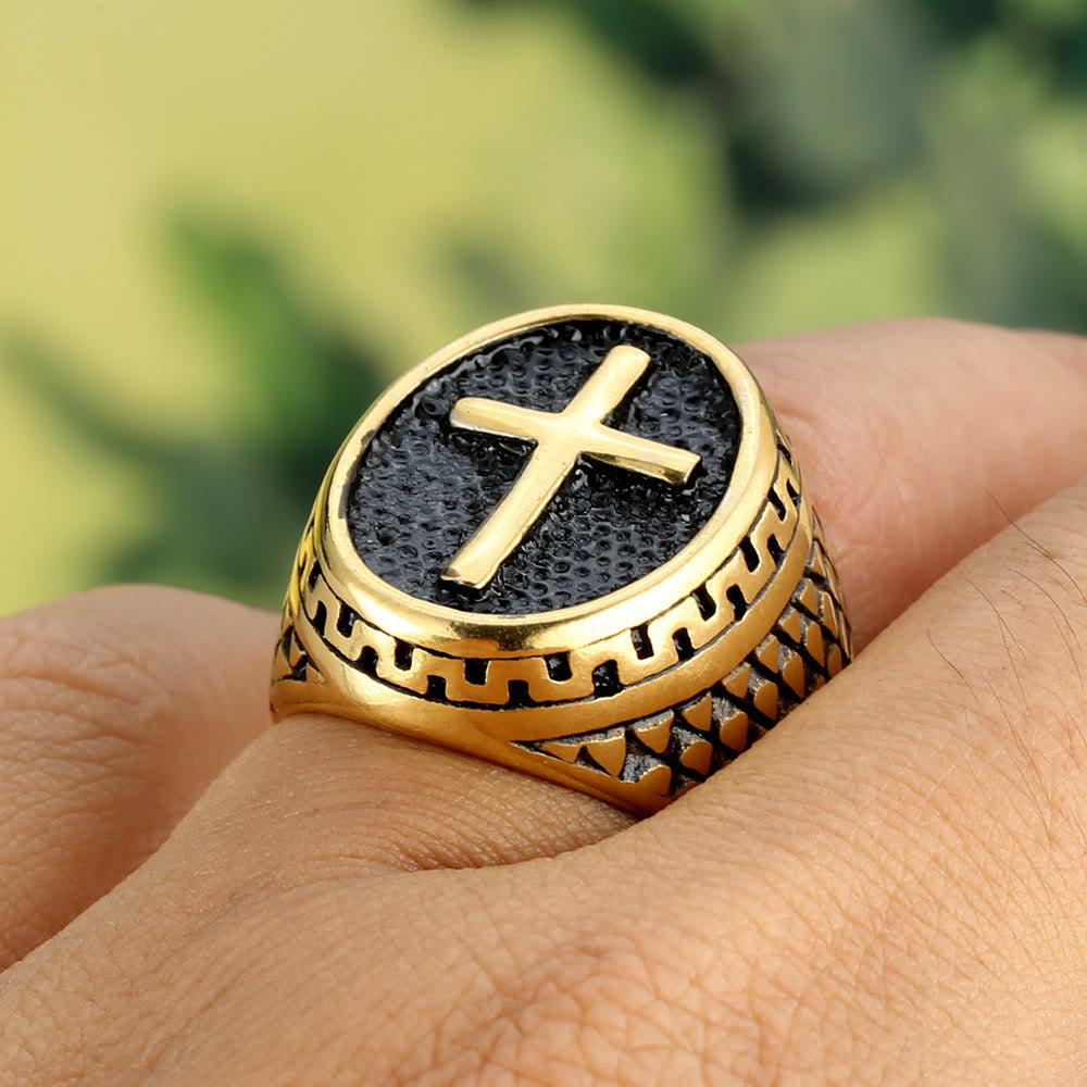 Christianartworkshop Oval Plaque Raised Cross Textured Side Signet Ring: Timeless Emblem of Unshakable Sacred Faith - image 5