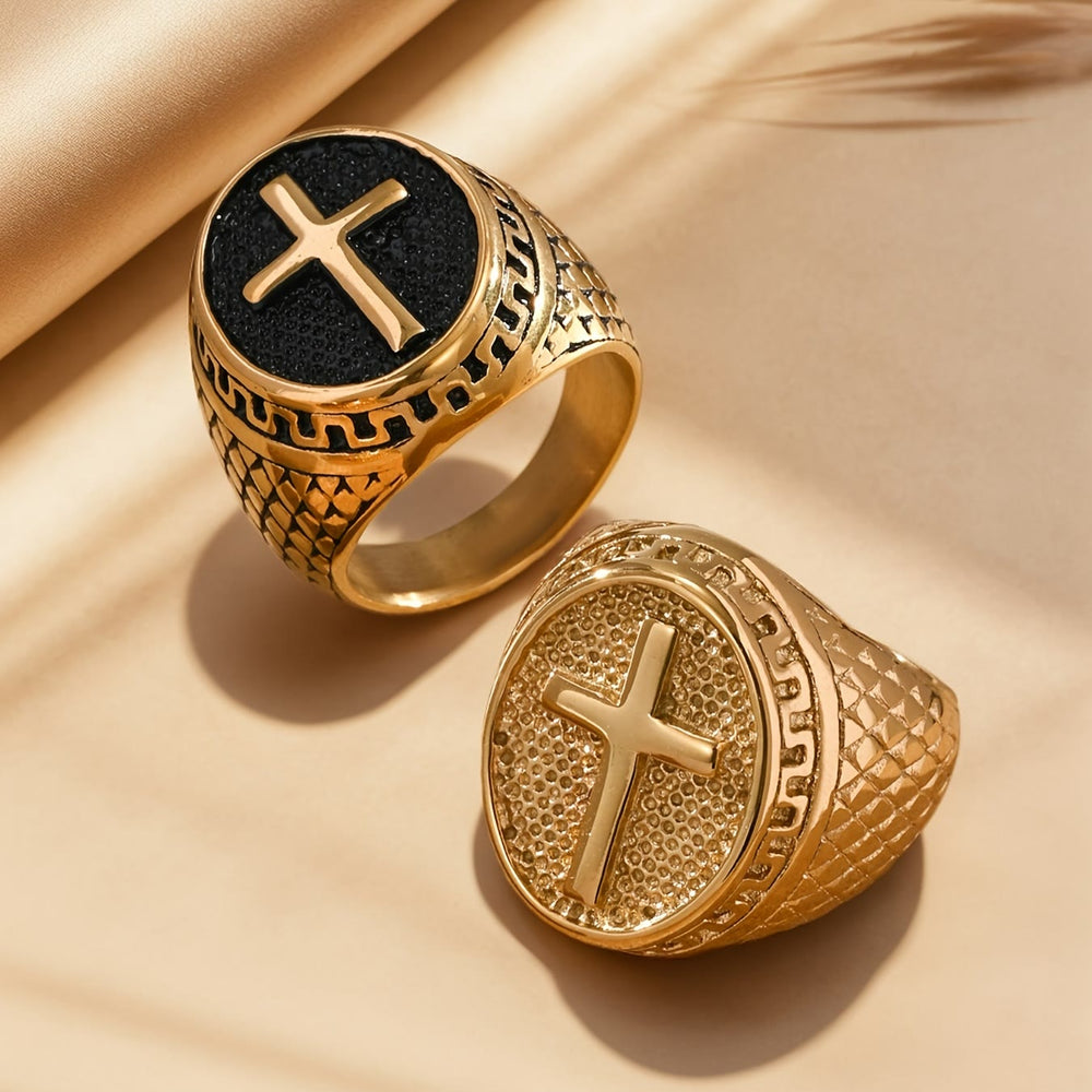 Christianartworkshop Oval Plaque Raised Cross Textured Side Signet Ring: Timeless Emblem of Unshakable Sacred Faith - image 1