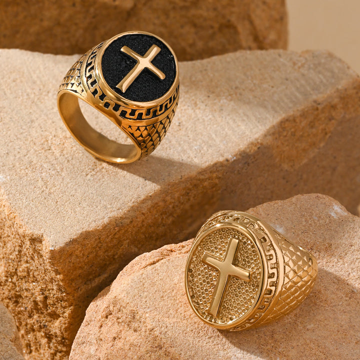 Christianartworkshop Oval Plaque Raised Cross Textured Side Signet Ring: Timeless Emblem of Unshakable Sacred Faith - image 2