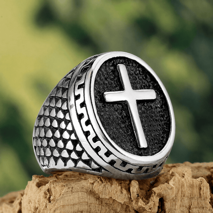 Christianartworkshop Oval Plaque Raised Cross Textured Side Signet Ring: Timeless Emblem of Unshakable Sacred Faith - Silver - US 13 - image 9