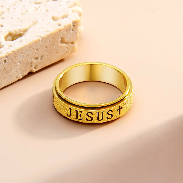Christianartworkshop Engraved JESUS Text Cross Rotatable Anxiety Relief Band Ring: Timeless Emblem of Unshakable Sacred Faith - image 6