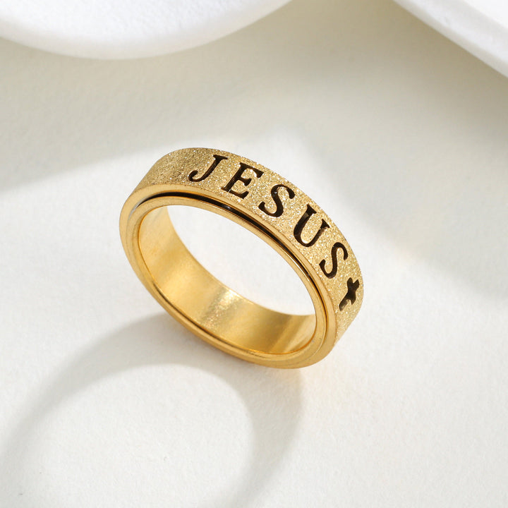 Christianartworkshop Engraved JESUS Text Cross Rotatable Anxiety Relief Band Ring: Timeless Emblem of Unshakable Sacred Faith - Golden - US 10 - image 4