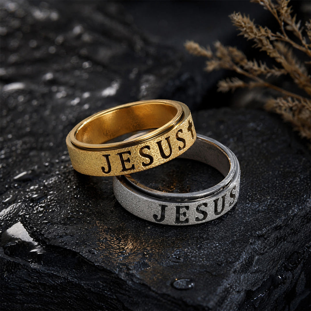 FREE Today: Engraved JESUS Text Cross Rotatable Anxiety Relief Band Ring: Timeless Emblem of Unshakable Sacred Faith - image 0