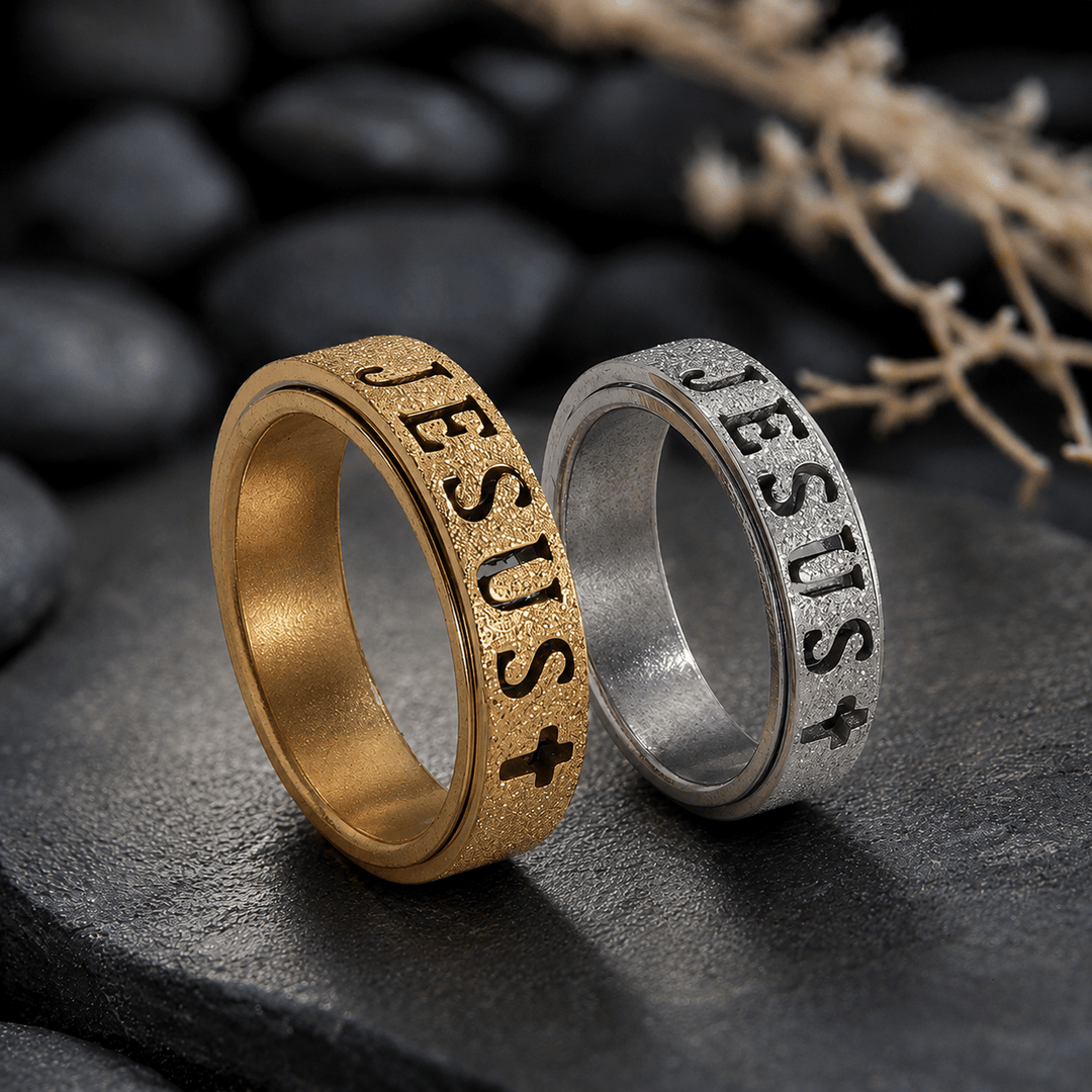 Christianartworkshop Engraved JESUS Text Cross Rotatable Anxiety Relief Band Ring: Timeless Emblem of Unshakable Sacred Faith - image 3