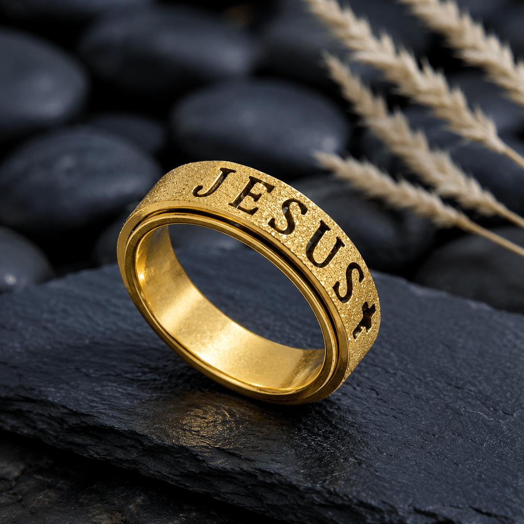 Christianartworkshop Engraved JESUS Text Cross Rotatable Anxiety Relief Band Ring: Timeless Emblem of Unshakable Sacred Faith - image 5