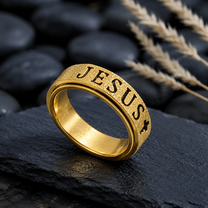 Christianartworkshop Engraved JESUS Text Cross Rotatable Anxiety Relief Band Ring: Timeless Emblem of Unshakable Sacred Faith - image 5