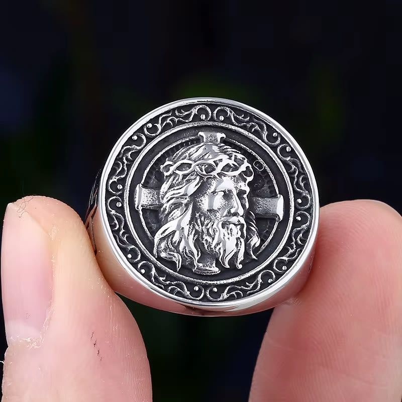 Christianartworkshop Round Plaque Crown of Thorns Jesus Scroll Border Signet Ring: Timeless Emblem of Unshakable Sacred Faith - image 3
