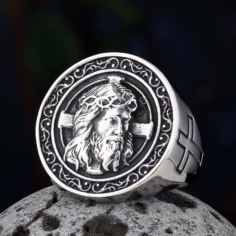 FREE Today:  Round Plaque Crown of Thorns Jesus Scroll Border Signet Ring: Timeless Emblem of Unshakable Sacred Faith - Silver - US 13 - image 0