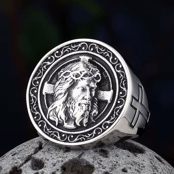 FREE Today:  Round Plaque Crown of Thorns Jesus Scroll Border Signet Ring: Timeless Emblem of Unshakable Sacred Faith - Silver - US 13 - image 0