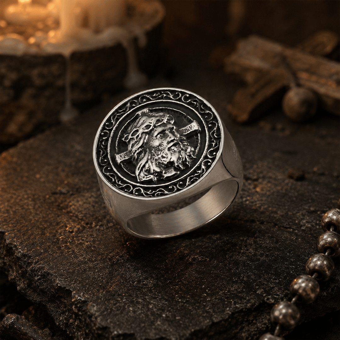 FREE Today:  Round Plaque Crown of Thorns Jesus Scroll Border Signet Ring: Timeless Emblem of Unshakable Sacred Faith - image 6