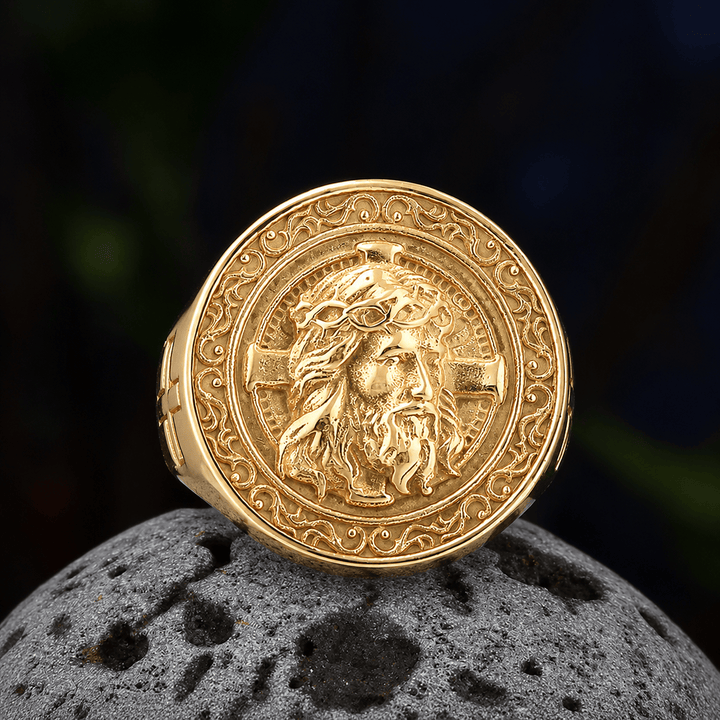 Christianartworkshop Round Plaque Crown of Thorns Jesus Scroll Border Signet Ring: Timeless Emblem of Unshakable Sacred Faith - Golden - US 13 - image 9