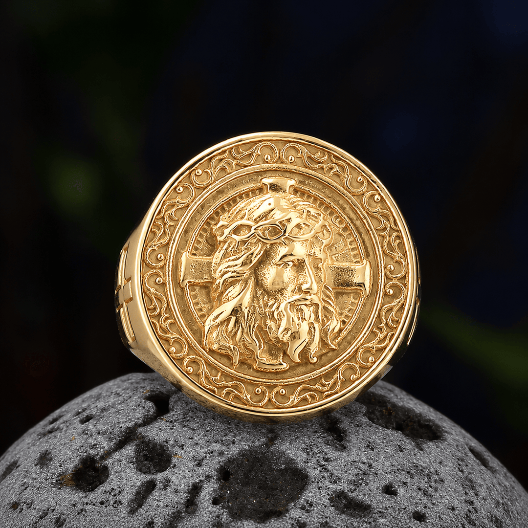 FREE Today:  Round Plaque Crown of Thorns Jesus Scroll Border Signet Ring: Timeless Emblem of Unshakable Sacred Faith - Golden - US 13 - image 9