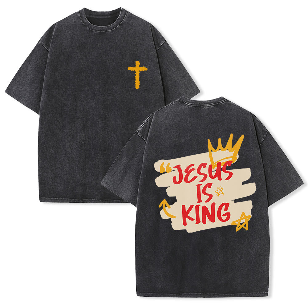Christianartworkshop Jesus Is King Crown Sketch Cross Left Chest Grunge Splash Back Brush Letter Graphic Vintage Washed Unisex T-Shirt - Black - 5XL - image 0