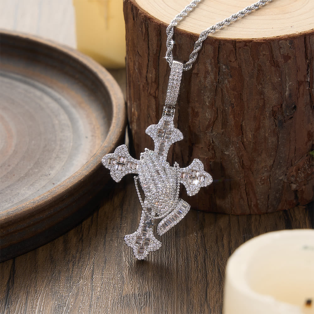 Christianartworkshop Stone Inlaid Praying Hands Cross Pendant Necklace: Timeless Emblem of Sincere Devout Prayer - Silver - image 4