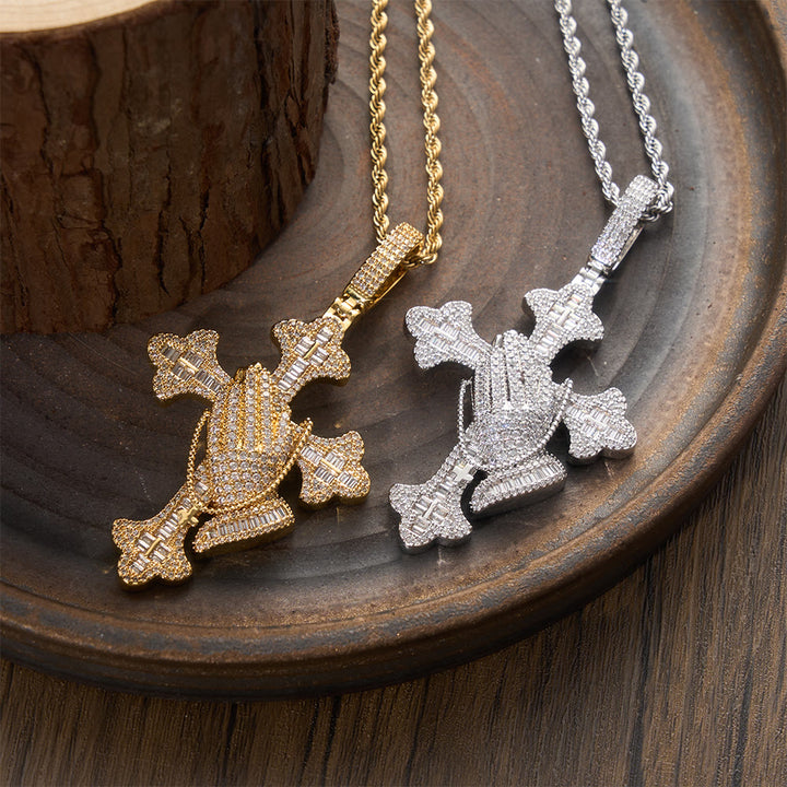 Christianartworkshop Stone Inlaid Praying Hands Cross Pendant Necklace: Timeless Emblem of Sincere Devout Prayer - image 1