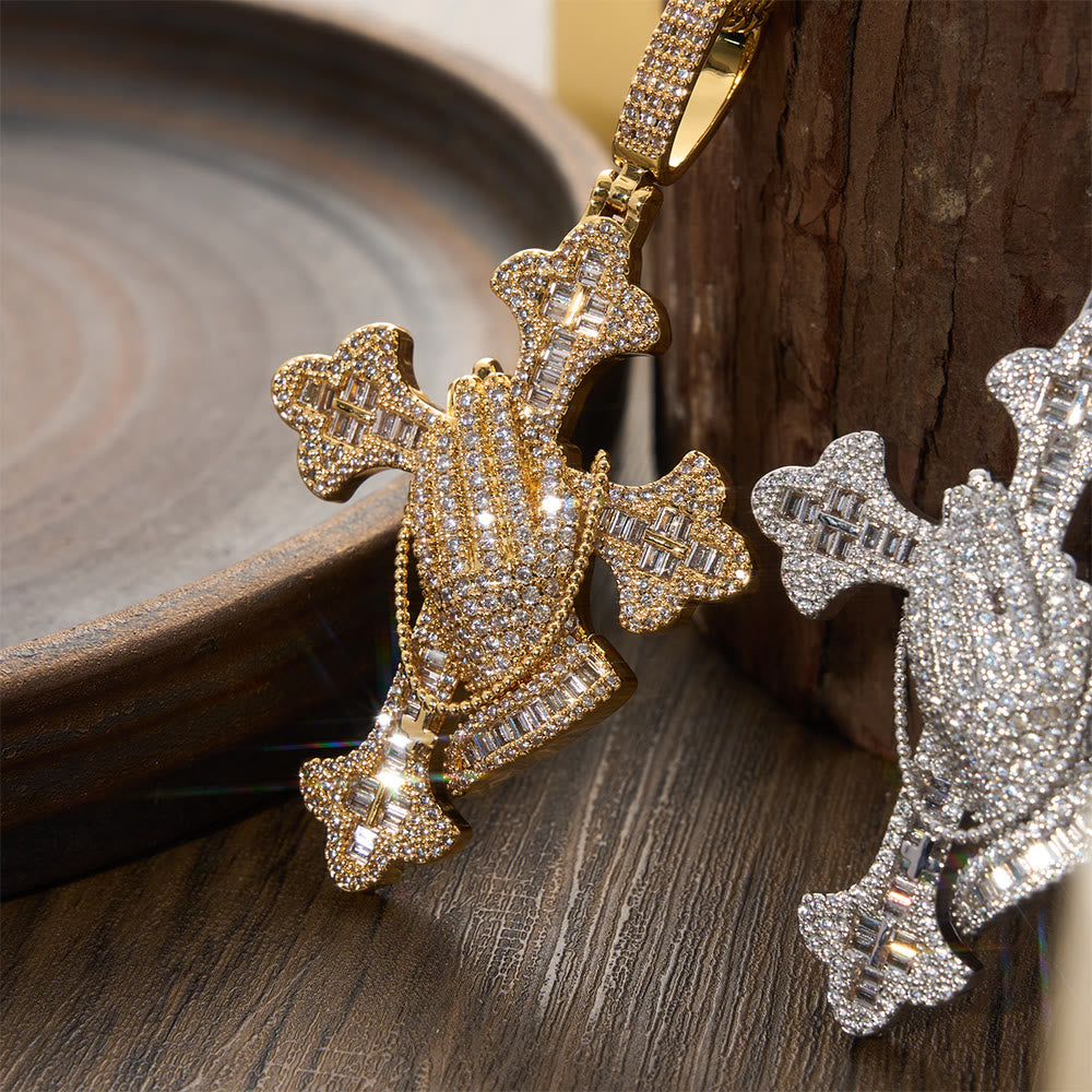 Christianartworkshop Stone Inlaid Praying Hands Cross Pendant Necklace: Timeless Emblem of Sincere Devout Prayer - image 2